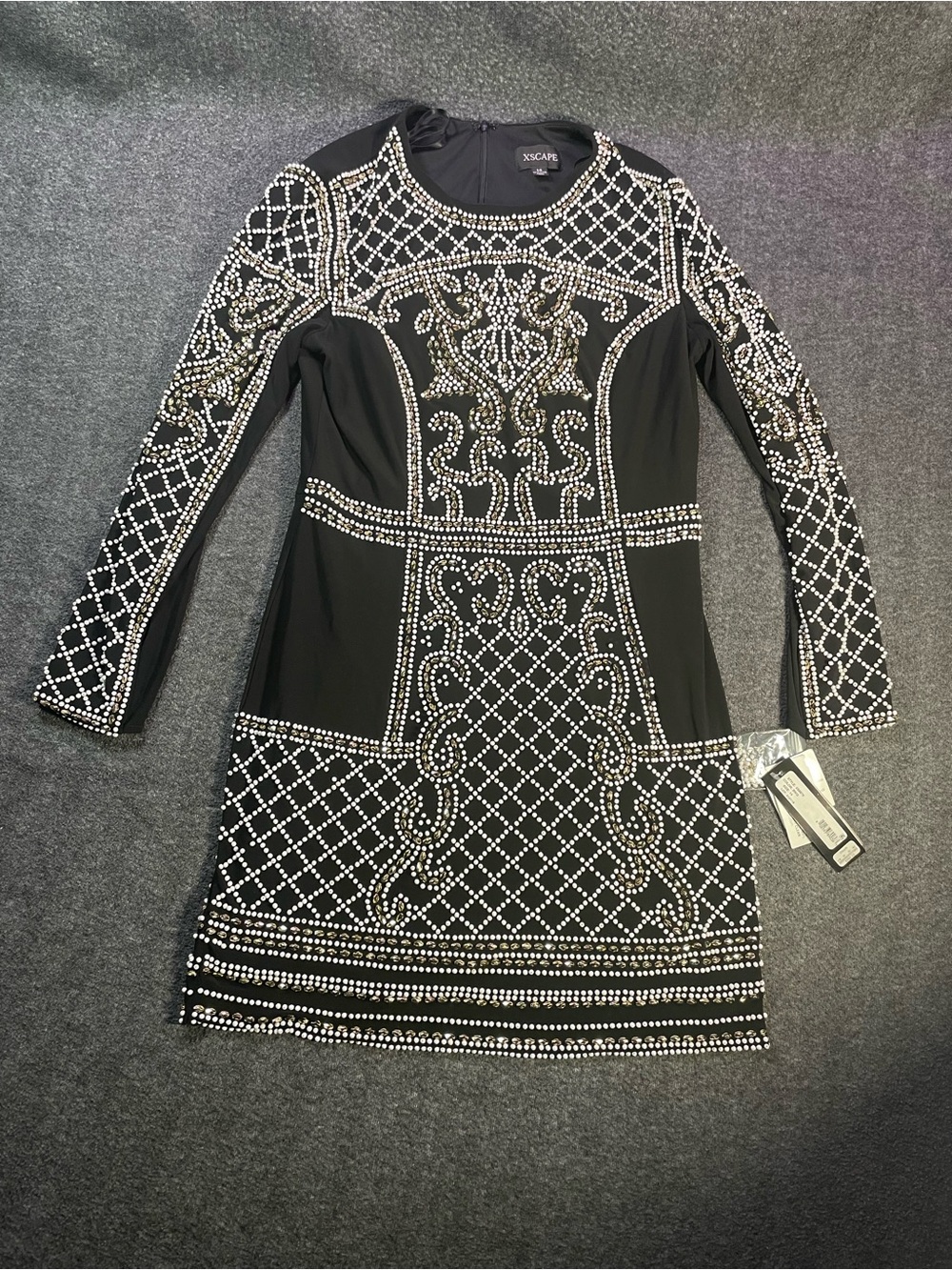 Xscape Women’s Beaded Long Sleeves Sheath Short Dress Size 14 Black NEW W Tags